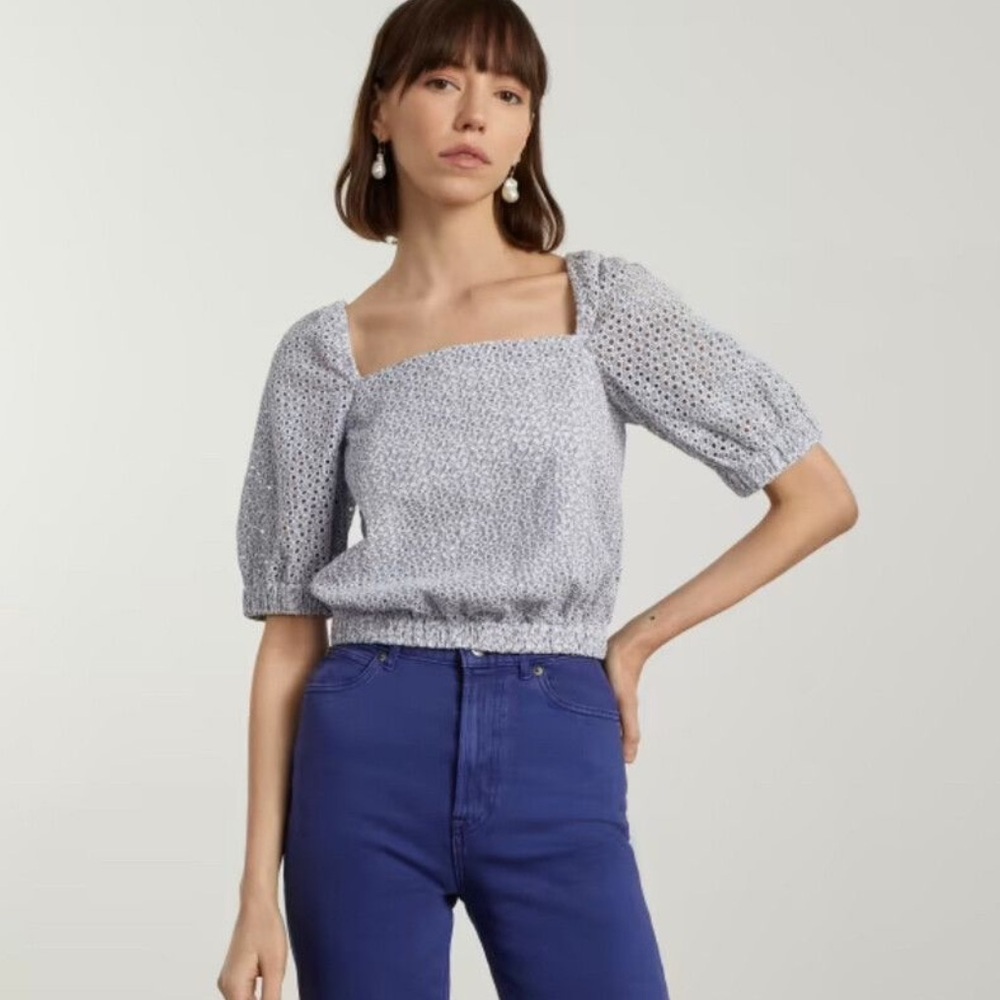 Everlane Women’s Square Neck Puff Sleeve Crop Lt Blue Floral- size Small